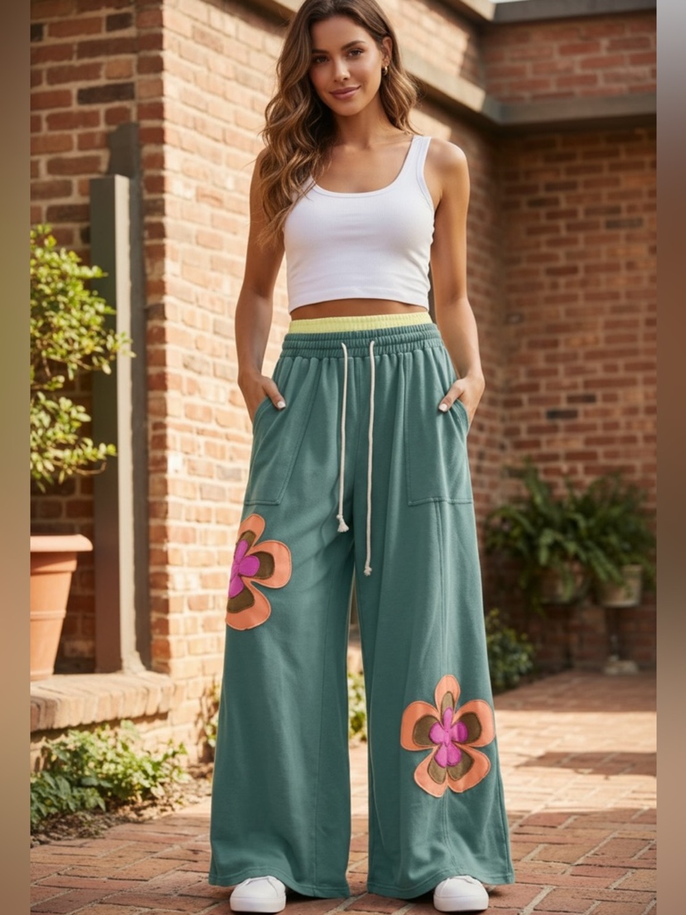 1205.  Sea Green Flower Patch Wide Leg Pants – State of Fashion**